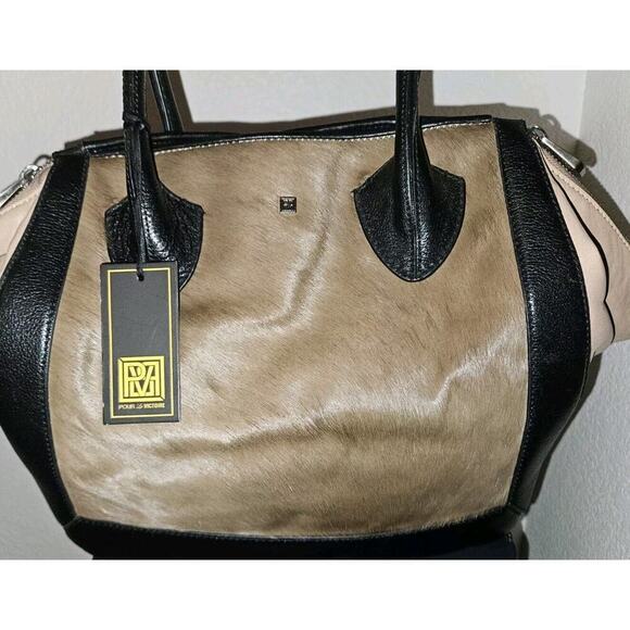 NWT! Pour La Victoire Cow Hair And Leather Handbag Colorblock $395 14x12x4 - Picture 4 of 15